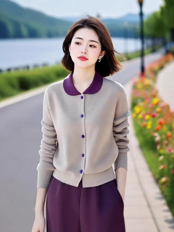 中老年妈妈穿搭一整套高级感撞色翻领针织衫+休闲气质裤子两件套|undefined
