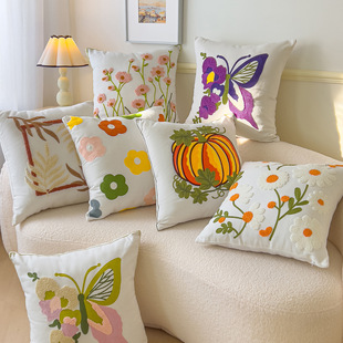 Towel Embroidered Pillowcase Flower Embroidery Core-Free Pastoral Style Cushion Home Bedside Office Sofa Waist Backrest