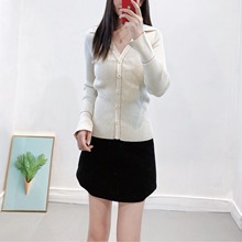 跨境法式女装早秋新款修身V领长袖针织开衫外套撞色气质高级毛衣