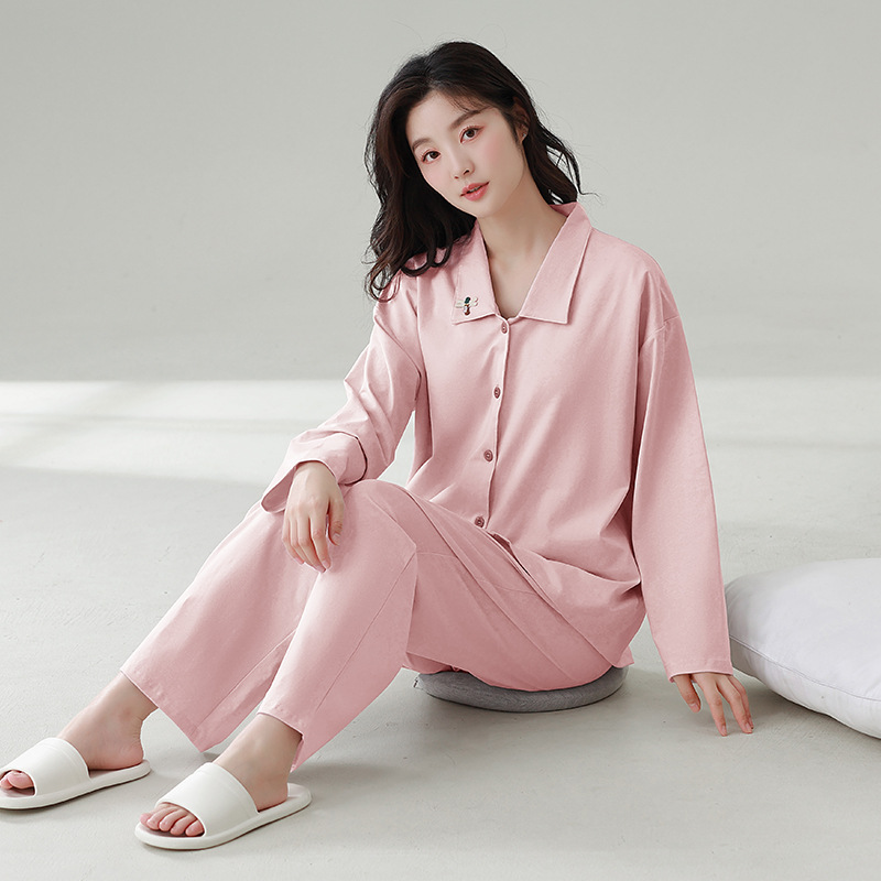 잠옷 여성의 새로운 [COOL COTTON] 긴 소매 바지 세트 옷깃 가슴 패드 솔리드 컬러 편안한 외부 착용 홈 의류 세트
