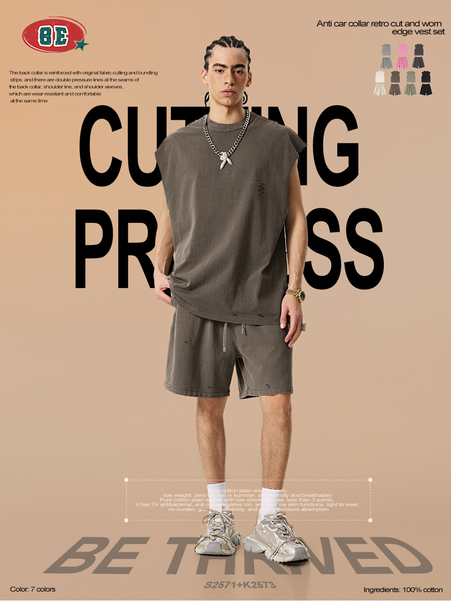 Be Hombres| 2025 verano estilo americano de moda deportivo fitness agujero crimpado chaleco de hombro set de pantalones para hombre image 6