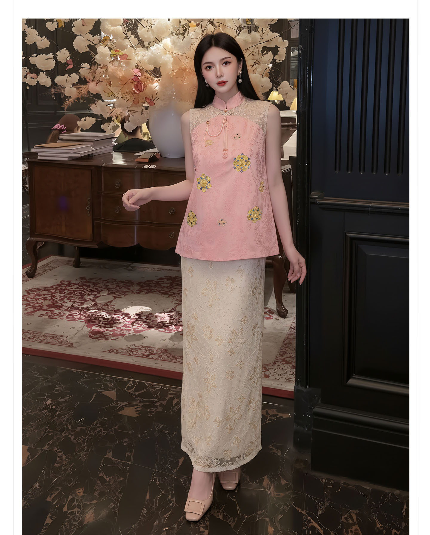 Bộ đầm vest không tay cổ đứng thêu hoa kết hợp chân váy ren phong cách Tân Trung Hoa — bộ đồ, nửa váy, Trang chủ chi tiết 6