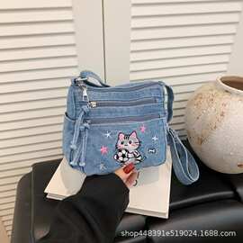 2026新款牛仔刺绣猫咪斜挎包可爱少女单肩包学生日常通勤百搭背包