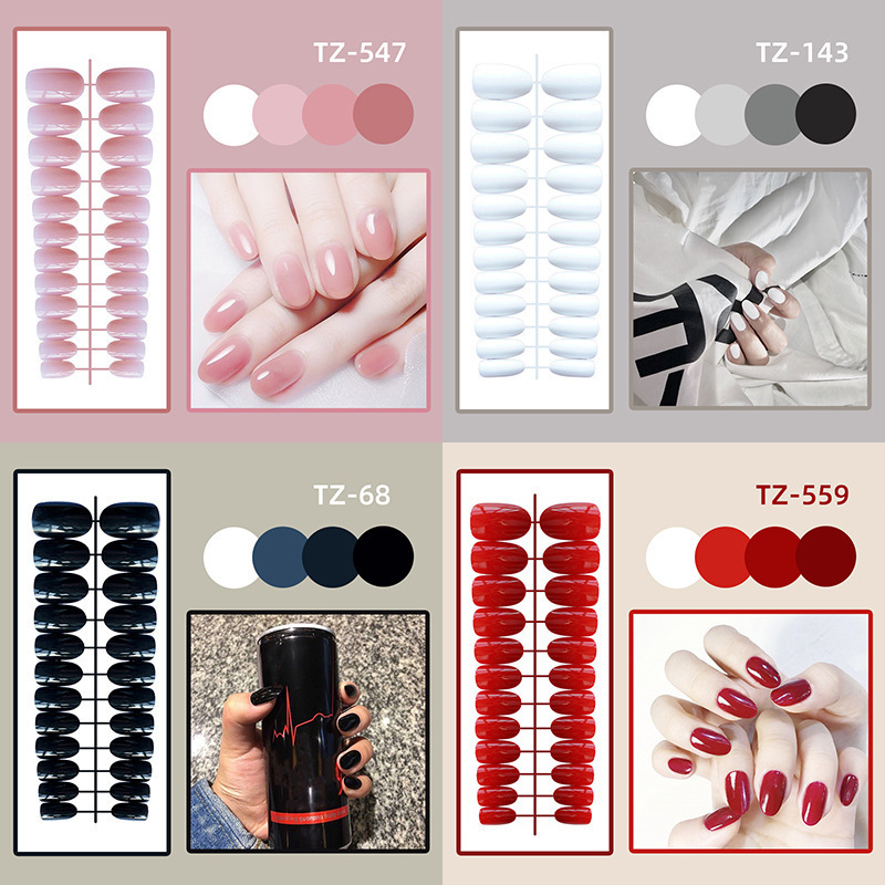[Pack] round head short glossy nail patch fake nail finished product 24 pieces wear nail tool nail piece