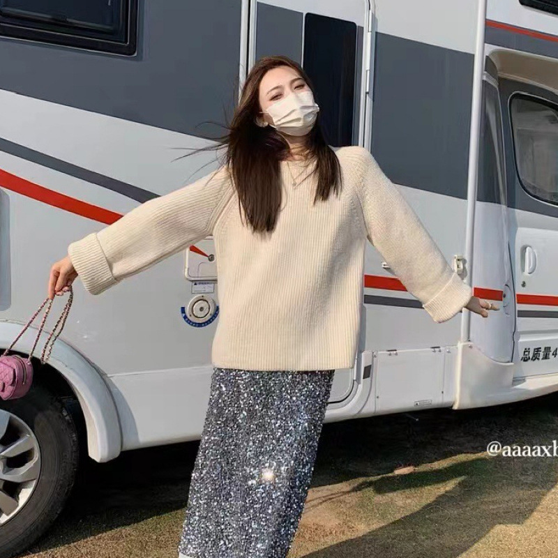 韓国ニットセーター女性の秋と冬の新しいソフトワックス状ソリッドカラープルオーバーラージセーター女性のラウンドネックルーズ痩身トップ|undefined