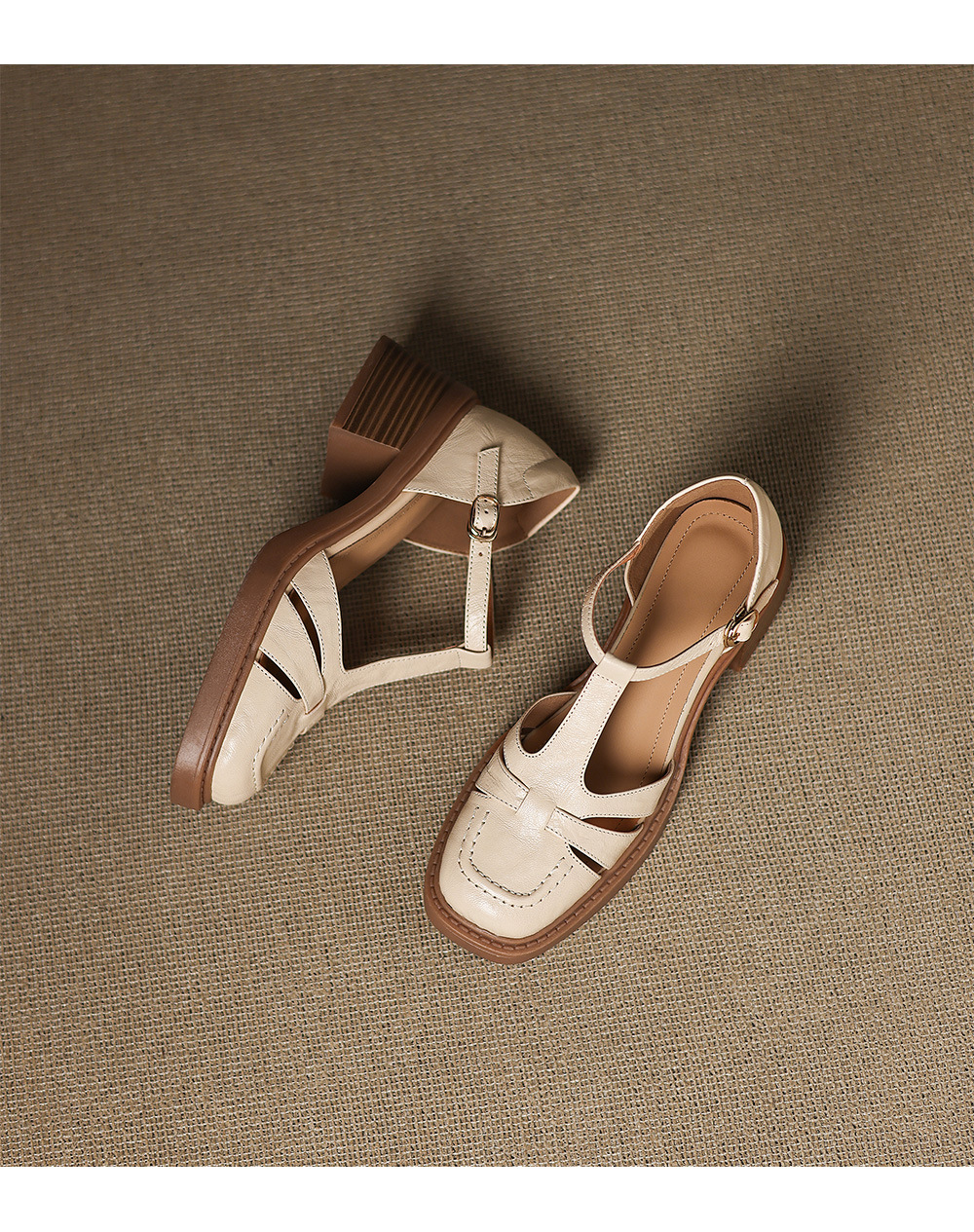 Sandal nữ quai hậu da thật dệt kiểu retro, gót dày, mũi nhọn, đế mềm — Màu trắng nhạt chi tiết 16