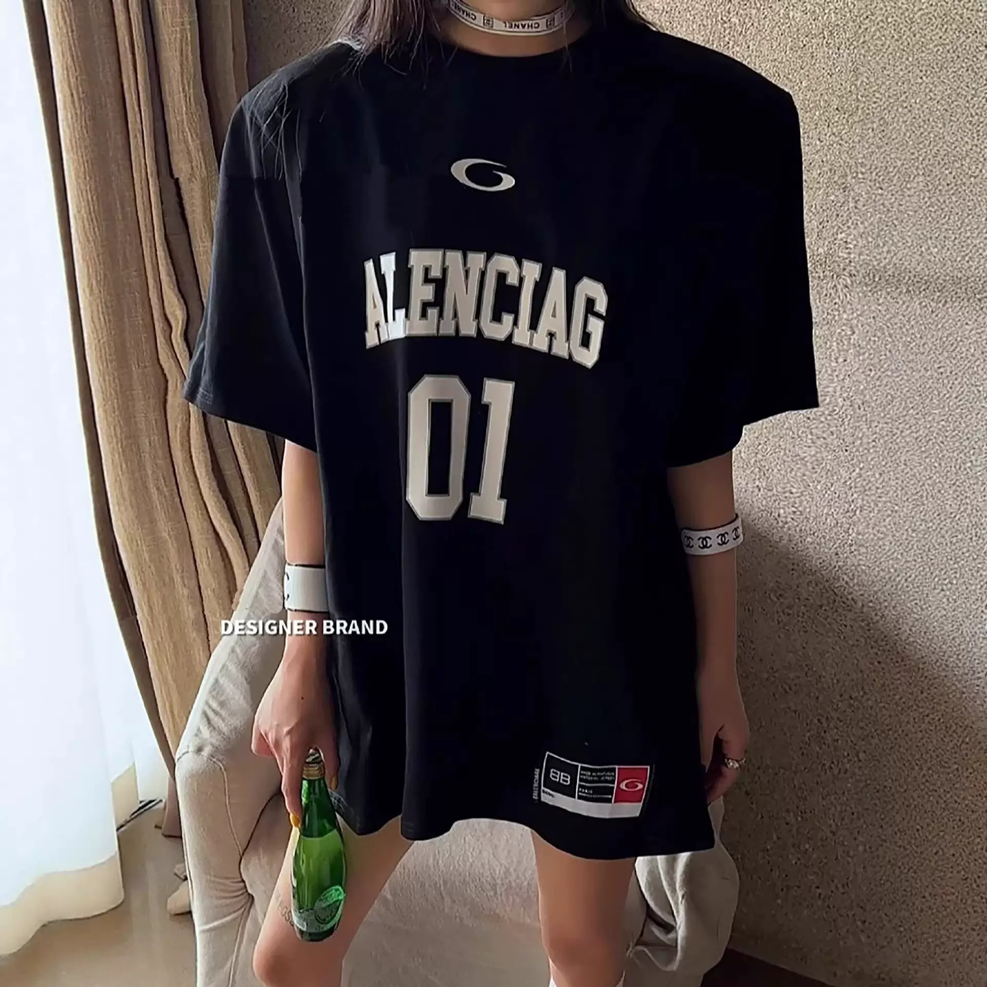 男t恤巴黎球衣01重工贴布绣字母重磅圆领潮牌B家短袖t恤男女同款