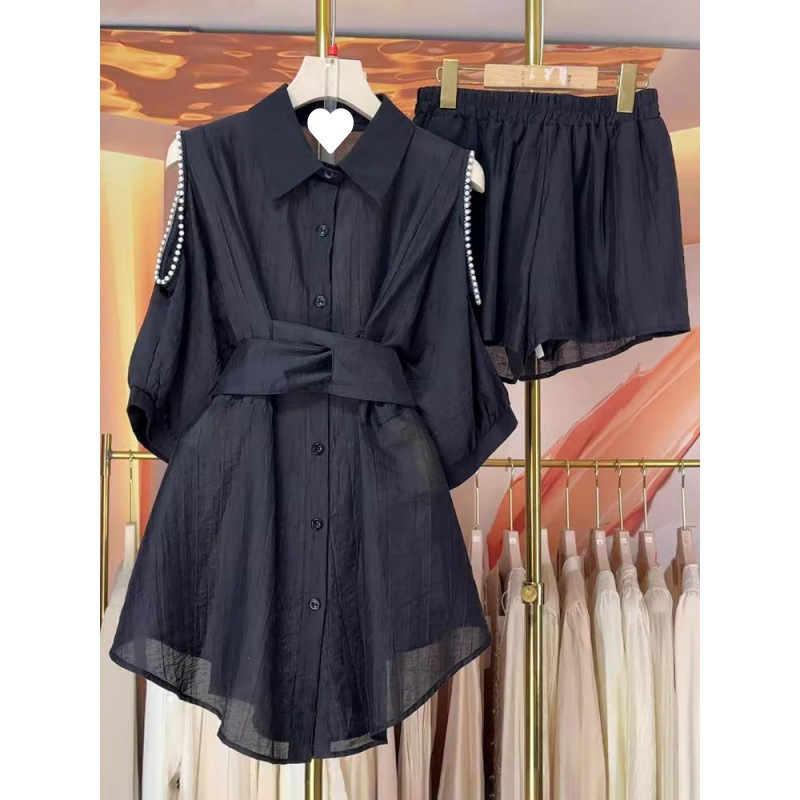Tweed Style Suit for Women 2025 New Summer Beaded Off-Shoulder Short-Sleeved Waist Shirt Skirt Wide-Leg Shorts Two-Piece Set