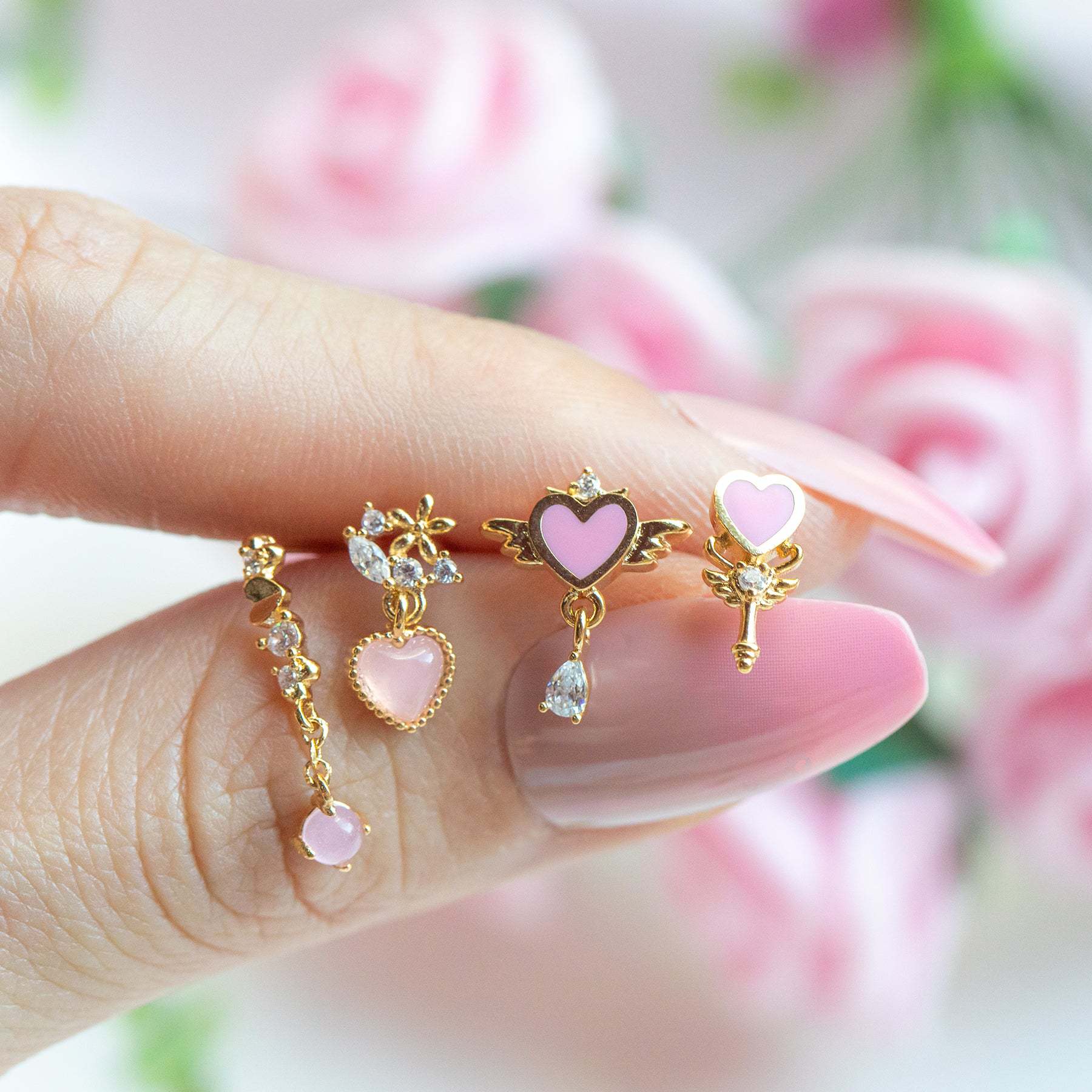 Pink Oil Drop Heart Stud Earrings 18k Gold Non-fading Earring Heart-shaped Ear Stud display picture 1