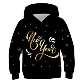 跨境欧美外贸热销3D数码印花新年快乐happy new year童装连帽卫衣