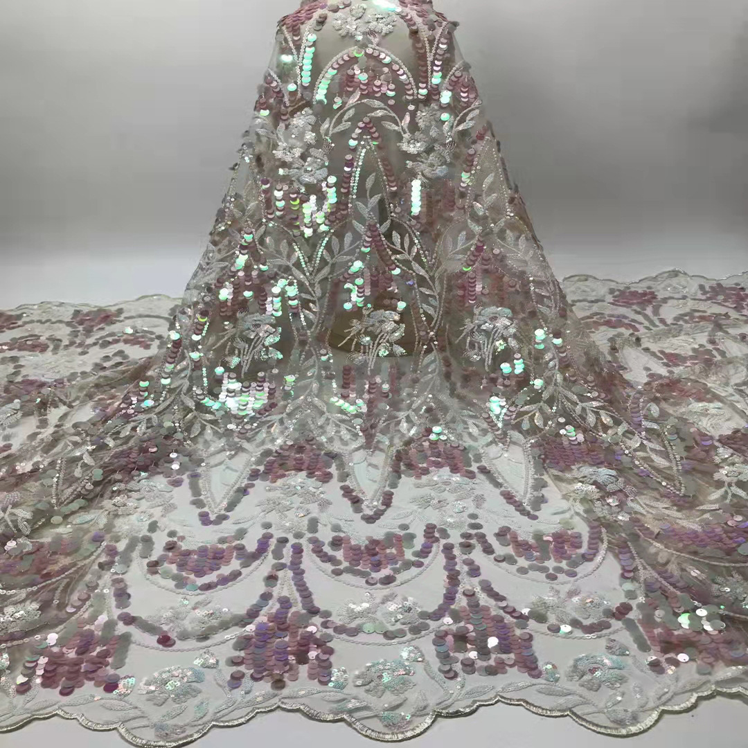 Tela de bordado de lentejuelas de malla inferior bordado de cuentas pieza colgante popular original llano ropa de niños vestido de moda tela JX1955