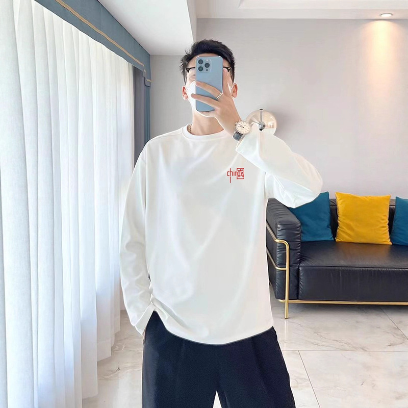200g Heavyweight Pure Cotton Long-Sleeved T-Shirt Men's Spring and Autum White Slim Round Neck Inner Layering Shirt Versatile Top