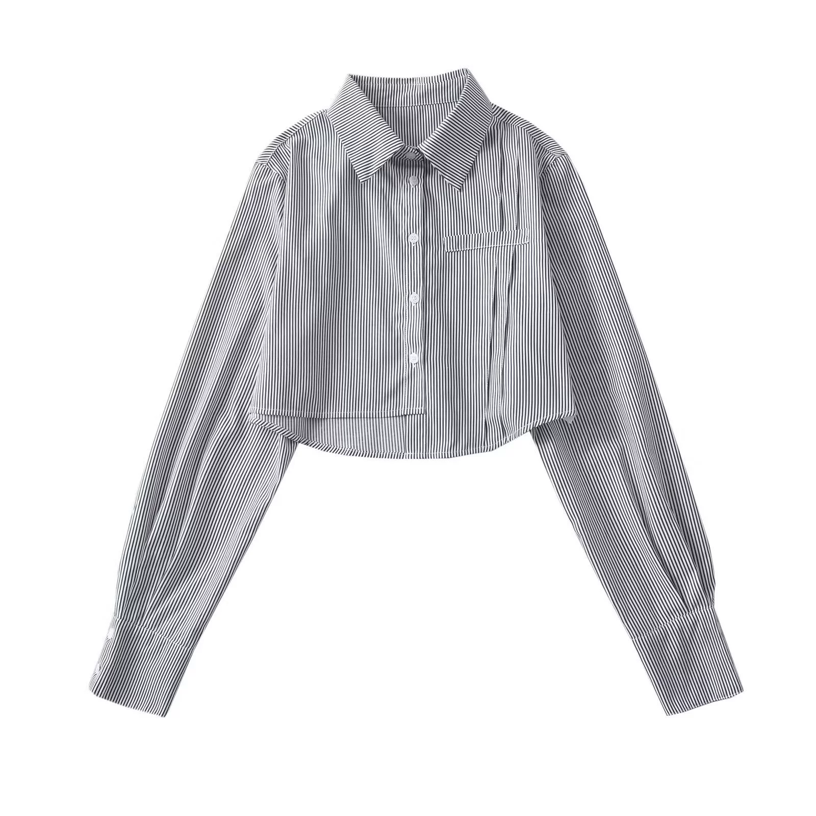 Трансграничная женская одежда оптом, новый дизайн, нишевая универсальная короткая полосатая рубашка с длинными рукавами и лацканами, топы в европейском и американском стиле