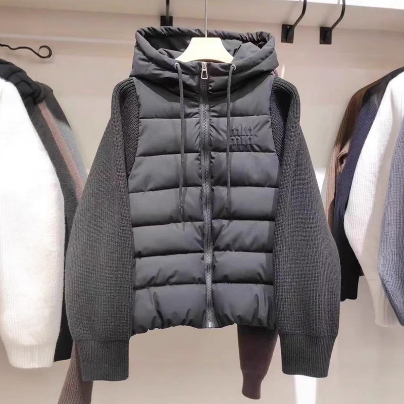 Shenzhen Nanyou Popular Classy Original Niche 25 Autumn and Winter Blended Splicing Knitted Sweater Sleeves Hooded down Jacket