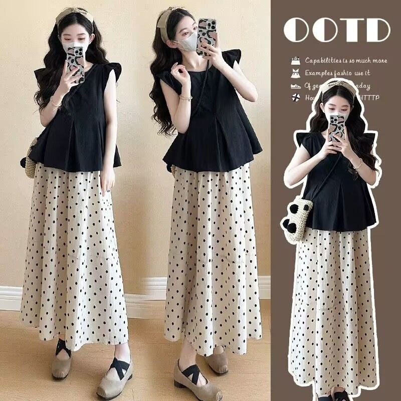Maternity Skirt Summer Set with Small Flutter Sleeves, Doll-Style Top, High-Waisted Slimming Polka Dot A-Line Skirt Two-Piece Set Maternity Skirt Summer Set with Small Flutter Sleeves, Doll-Style Top, High-Waisted Slimming Polka Dot A-Line Skirt Two-Piece Set