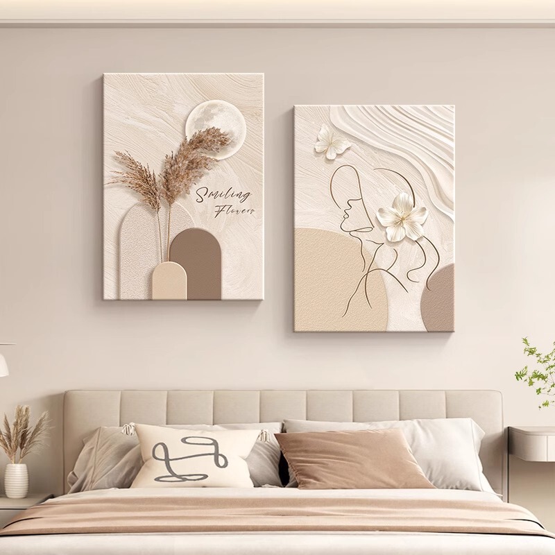 Simple Modern Bedroom Bedside Decorative Painting Log Cream Style Living Room Mural Abstract Line Character Hanging Painting Double