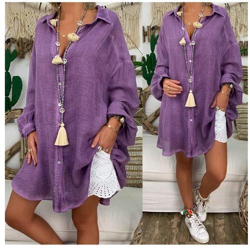 Cross-border Trade  European and American Cotton Linen Shirt Large Size Women's Clothes Button Loose Long-sleeved Casual Shirt Women's Top 