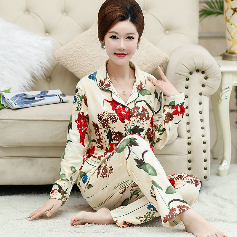 Pijamas de las mujeres de primavera y otoño 100% de algodón de manga larga más tamaño cardigan de mediana edad y ancianos Otoño e Invierno traje de desgaste para el hogar