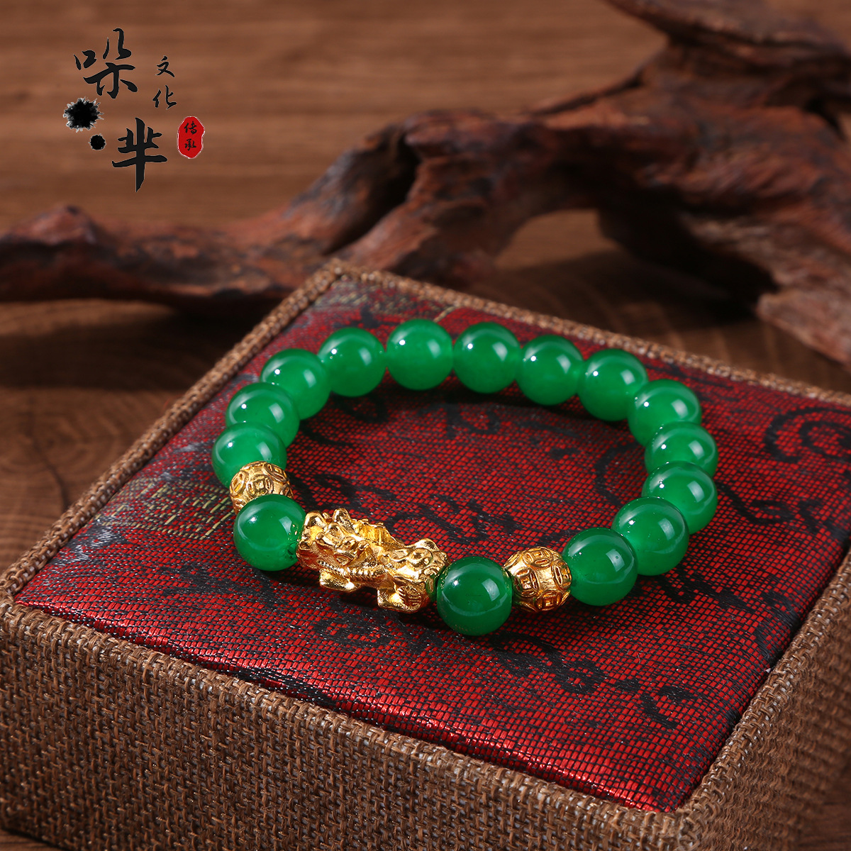 越南沙金貔貅手链祖母绿男士霸气镀金色潮男手串直播带货厂家直供