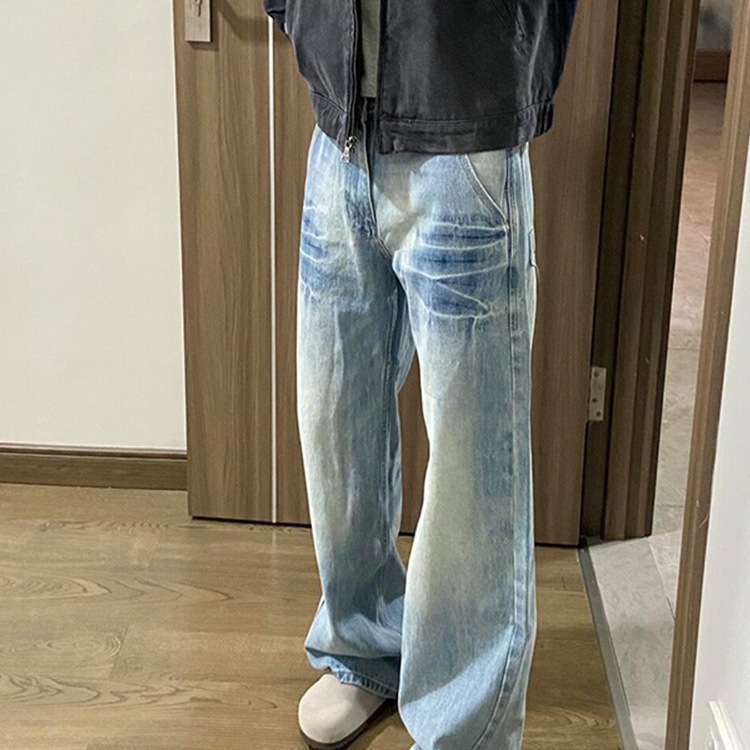 水洗蓝直筒牛仔裤男春秋款美式高街vibe裤子cleanfit弯刀微喇长裤|undefined