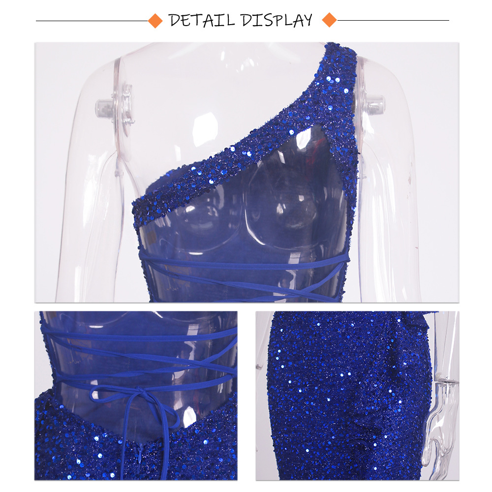 Elegant One-shoulder Sequin Evening Dress With Lace And Slit Detail_voghion.com