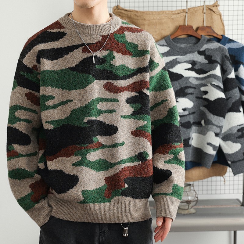 American Retro Camouflage Sweater Men's Sweater Loose Casual Lazy Fashion Trend Round Neck Long Sleeve Sweater for Men