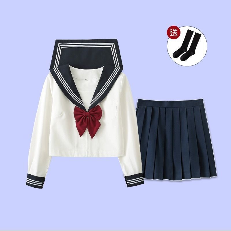 白黒三本JK制服スカートベーシック本格セーラー服日本カレッジスタイルスーツ半袖ミドル服レディース夏|undefined