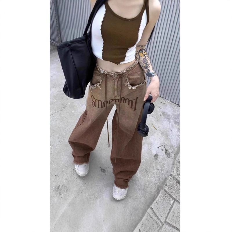 American Retro Spicy Girl Low-Waist Frayed Straight-Leg Jeans for Women, Stylish Slimming Floor-Length Pants, Brown Wide-Leg Pants
