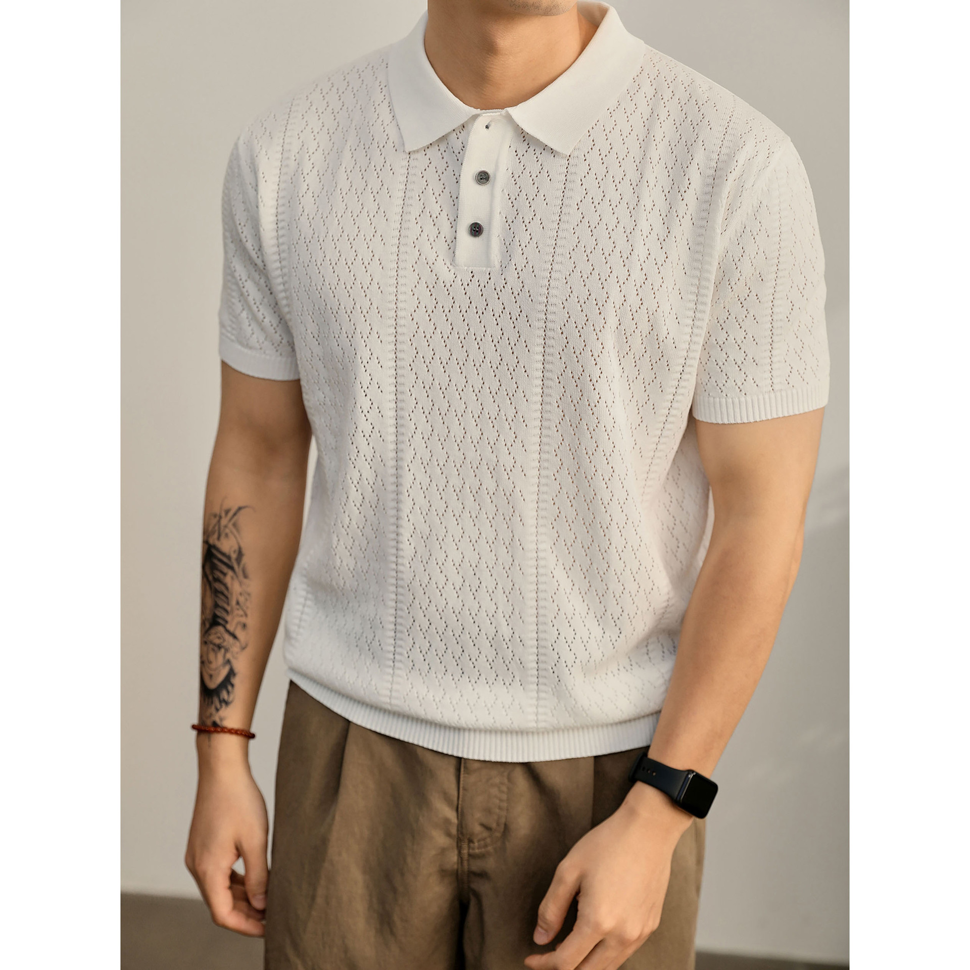 Polo camiseta de punto camiseta de manga corta camiseta hombre hueco diamante viejo viento ventilado seda de hielo transbordador de verano fábrica al por mayor