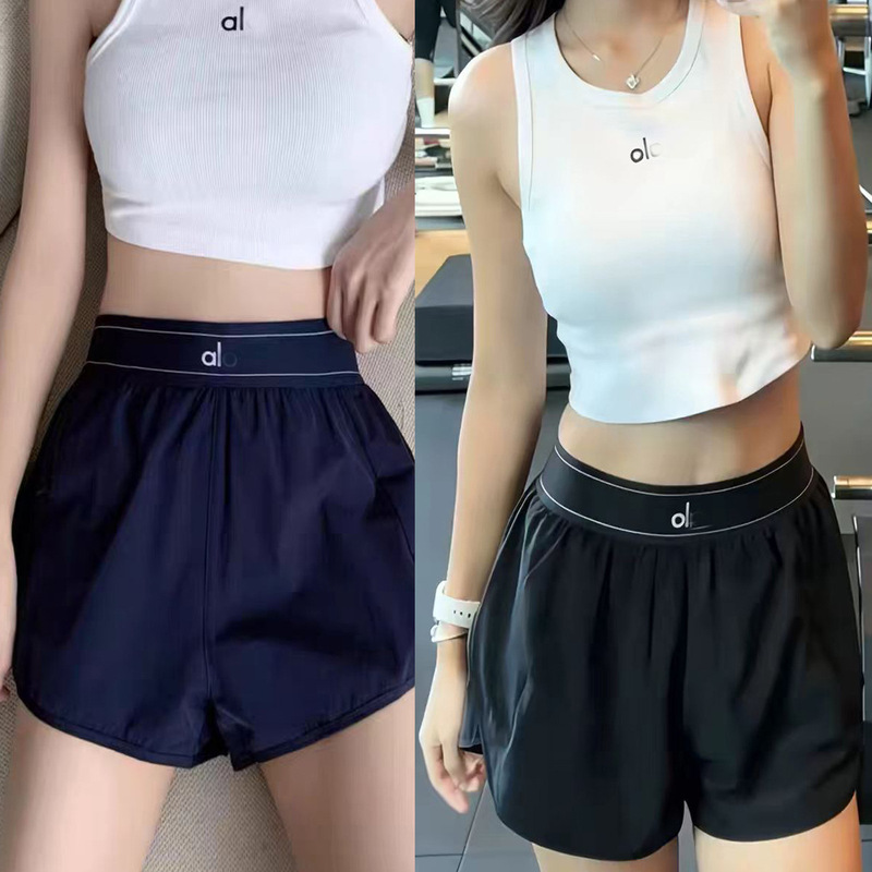 Al0 Women's Summer Sports Shorts, Breathable, Quick-Drying, Fitness, Yoga, Running, Anti-Exposure Hot Pants with Letter Embroidery Logo