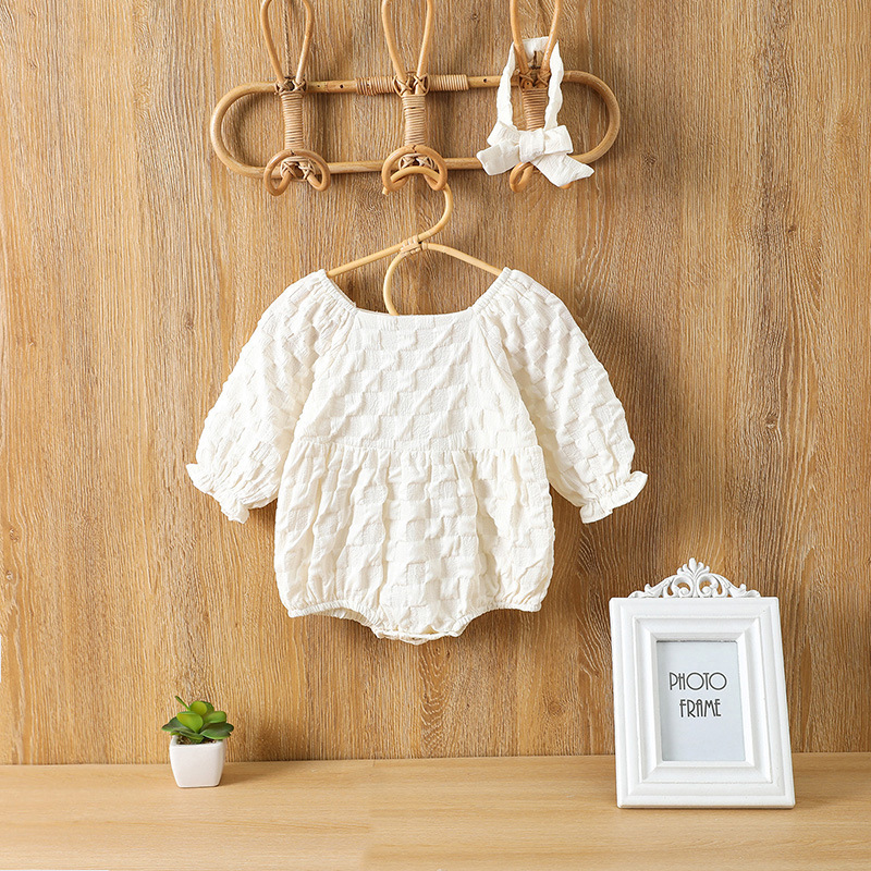 Estilo coreano ins niñas bebé burbuja tela cuello cuadrado mameluco recién nacido suave todo partido tres mamelucos con pañuelo en la cabeza moda