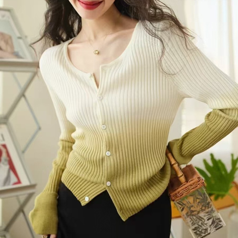 Autumn French Gradient Color Knitted Cardigan for Women, High-End and Elegant Inner Layering Shirt, Fashionable and Stylish Top