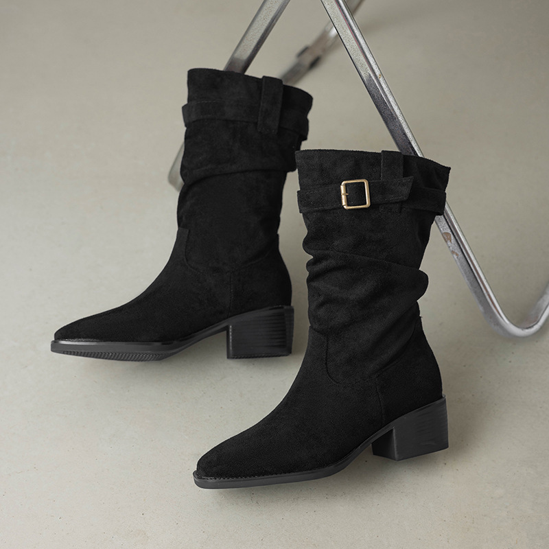 Comercio exterior transfronterizo nuevos zapatos de mujer botas de vaquero botas de talón grueso cinturón de hebilla plegable botas de pila de barril corto ocio versátil mujer image 7