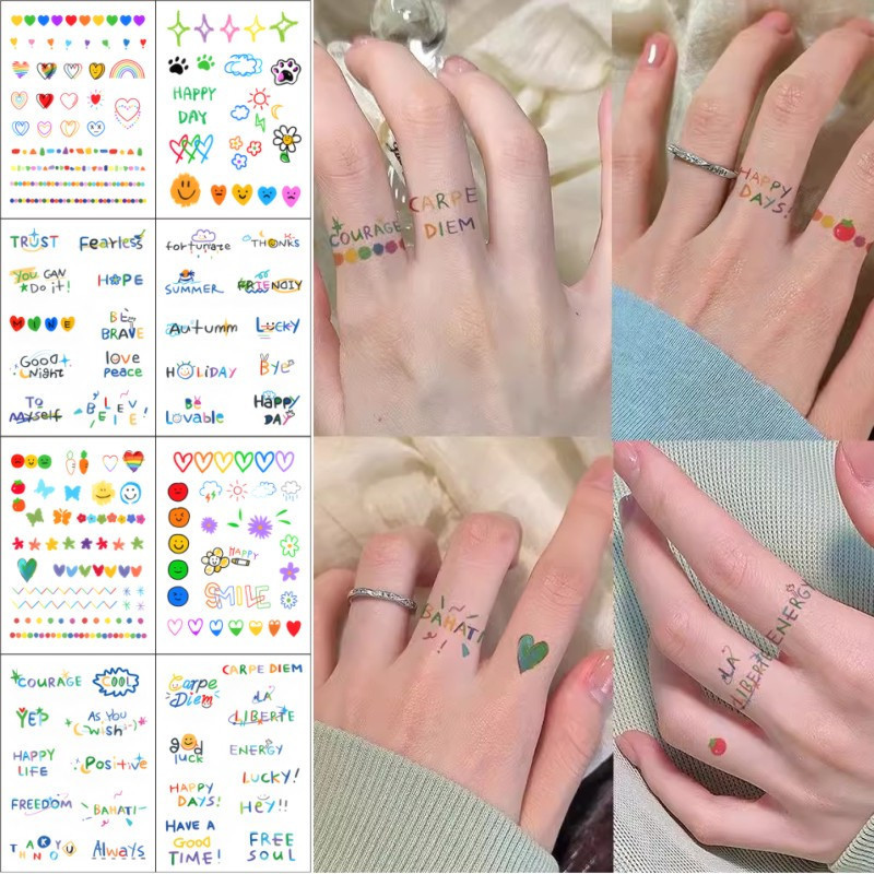 Colorful cute finger ring tattoo stickers, waterproof English pattern, ins-style fresh and cute hand decoration stickers