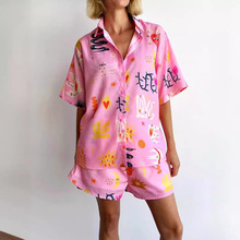 2024年春季新款3D数码印花衬衫套装女装亚马逊跨境女士短袖套装