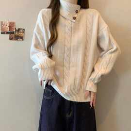 高领正肩麻花毛衣2026秋冬大码mm不规则翻领针织衫上衣中式