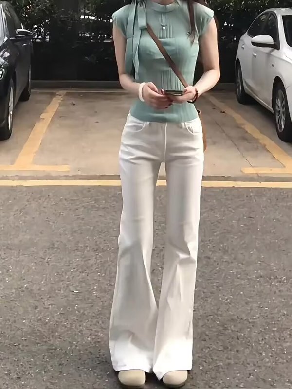 潮牌纯色白色微喇牛仔裤女生2025年秋季新款百搭显瘦拖地喇叭裤子|undefined