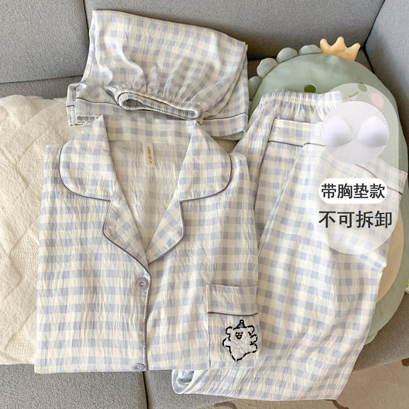Cartoon Puppy Plaid Pajamas with Chest Pads for Women, Summer Cloud Pattern Pure Cotton Gauze Short-Sleeved Three-Piece Set, Loose-Fitting Loungewear