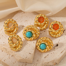 欧美跨境不锈钢复古高级彩色天然石钛钢耳环小众设计轻奢百搭耳饰