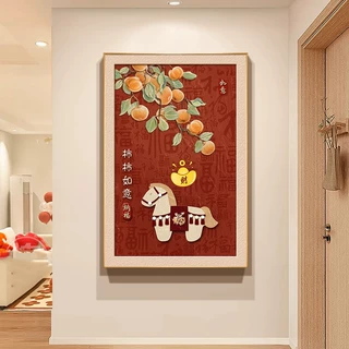 新款柿柿如意装饰画新中式客厅摆画马年好寓意挂画正对门玄关壁画