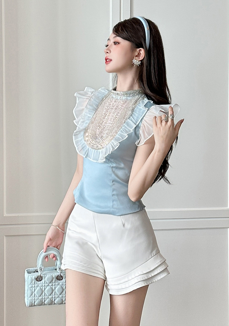 Áo sơ mi nữ bèo nhún đính hạt ôm sát sang trọng — Xanh lông công chi tiết 6