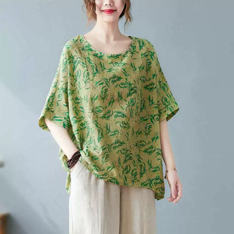 Футболка из хлопка и льна oversize, плюс размер, круглой горловины