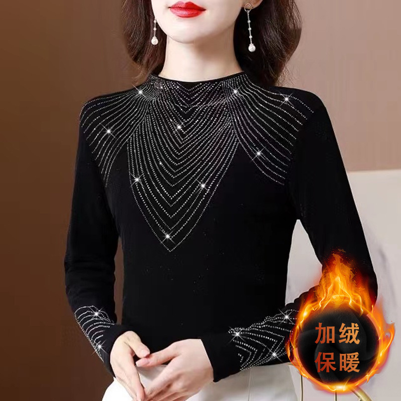 烫钻洋气上衣女显瘦黑色秋季新款半高领高弹力修内搭大码打底衫|undefined
