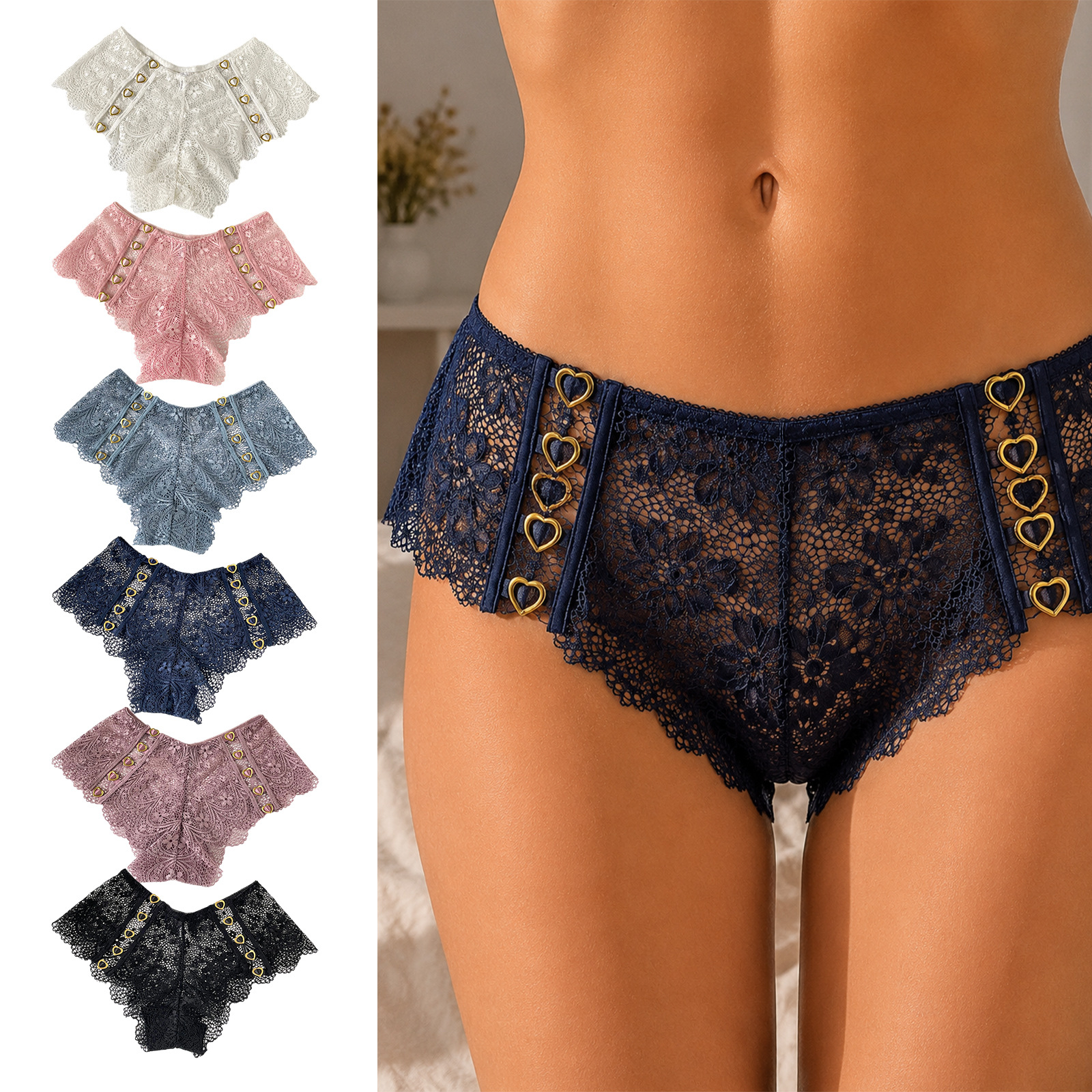Zeriluna Side Heart-Shaped Buckle Lace Briefs, Lace Design That Fits the Body, Breathable and Skin-Friendly Underwear