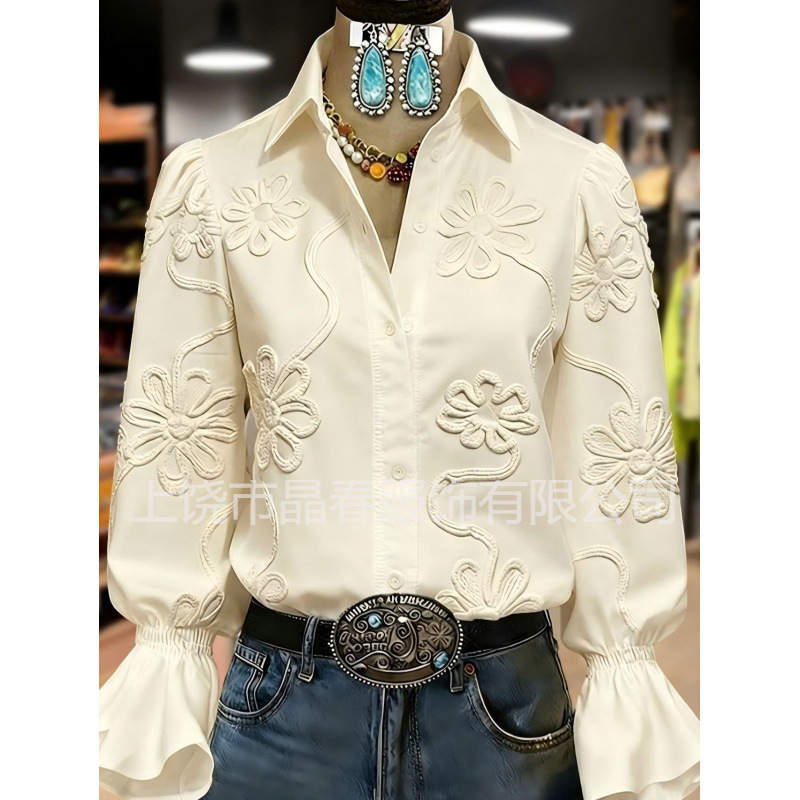 Cross-Border Independent Website Early Spring New Style Lace Floral Long-Sleeve Collared Shirt with Lace Sleeves Cross-Border Independent Website Early Spring New Style Lace Floral Long-Sleeve Collared Shirt with Lace Sleeves