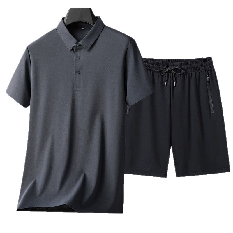 Мужская одежда для папы среднего и пожилого возраста, новый летний легкий роскошный тонкий эластичный повседневный костюм из ледяного шелка с лацканами и короткими рукавами