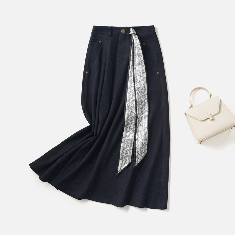 Yaqi Women's Clothing Anion Design Silk Scarf Tie High Waist Skirt Autumn and Winter Draping Temperament Slimming A-Line Skirt