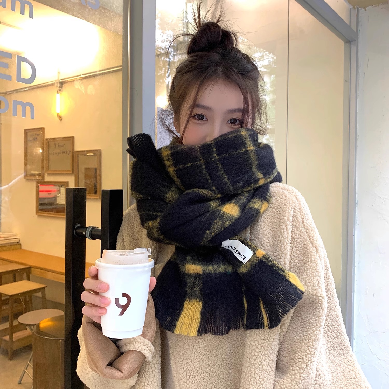 2023 New Style Scarf Women's Autumn and Winter mohair Plaid Scarf Thickened Warm Couple's Student Ins Cool Sense