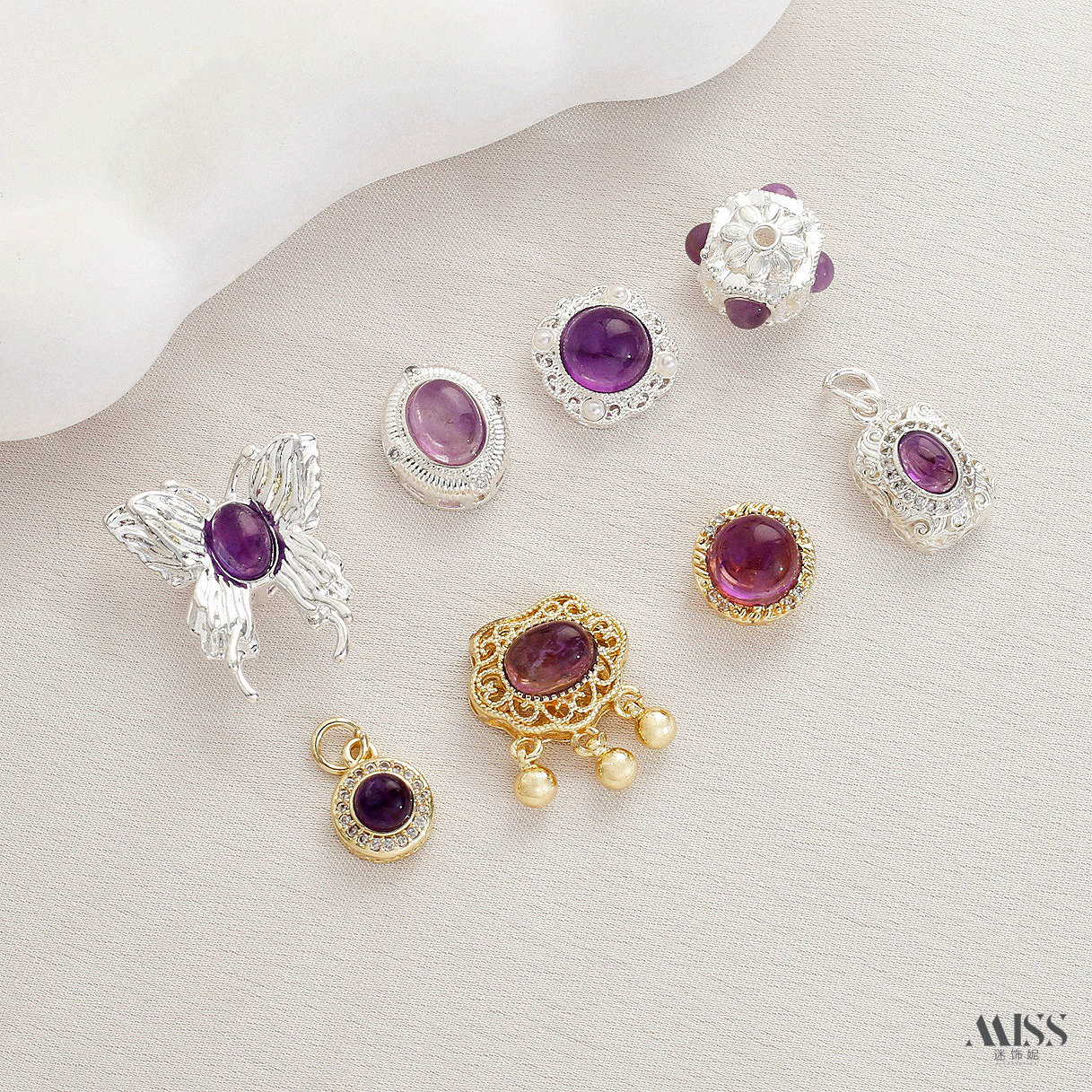 Inlaid with natural amethyst, plated with real gold and thick silver, angel and osmanthus drop-shaped decorative bead pendant DIY jewelry accessories
