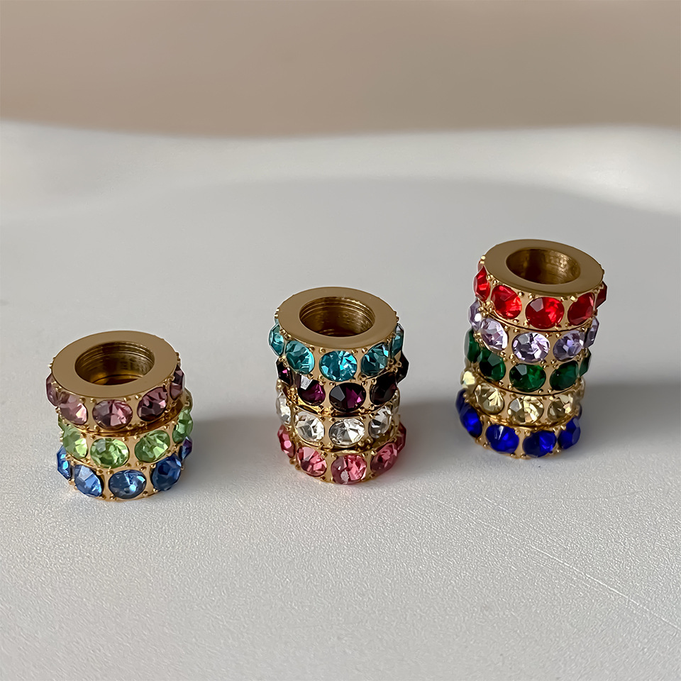 Stainless Steel Diamond-Encrusted Large Hole Spacer Spacer Beads DIY Jewelry Accessories Ins Necklace Pendant Gold-Plated Handmade Accessories